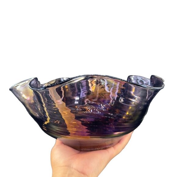 Hand Blown Chrome Iridescent Purple Art Glass Bowl Dish Ruffled Edge Large Bowl - Picture 9 of 16